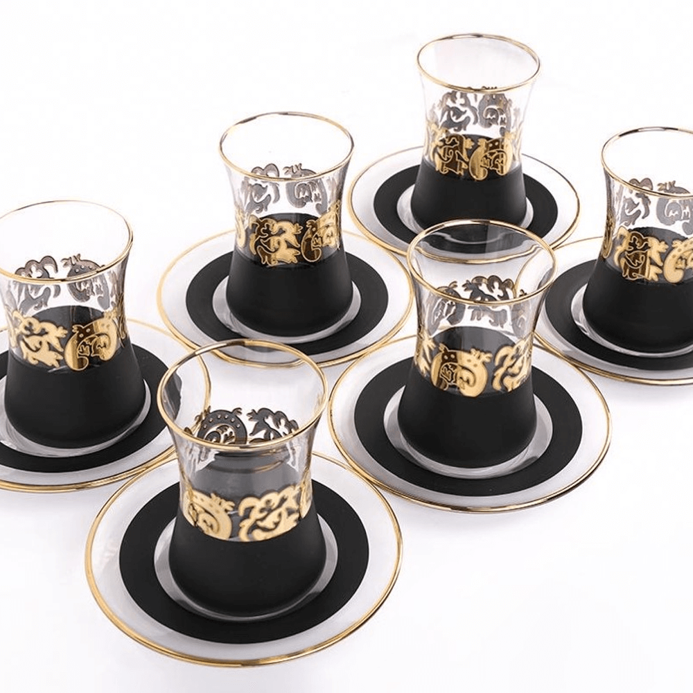 Premium Tea Glass Cups & Rich Golden Black Glass Plates