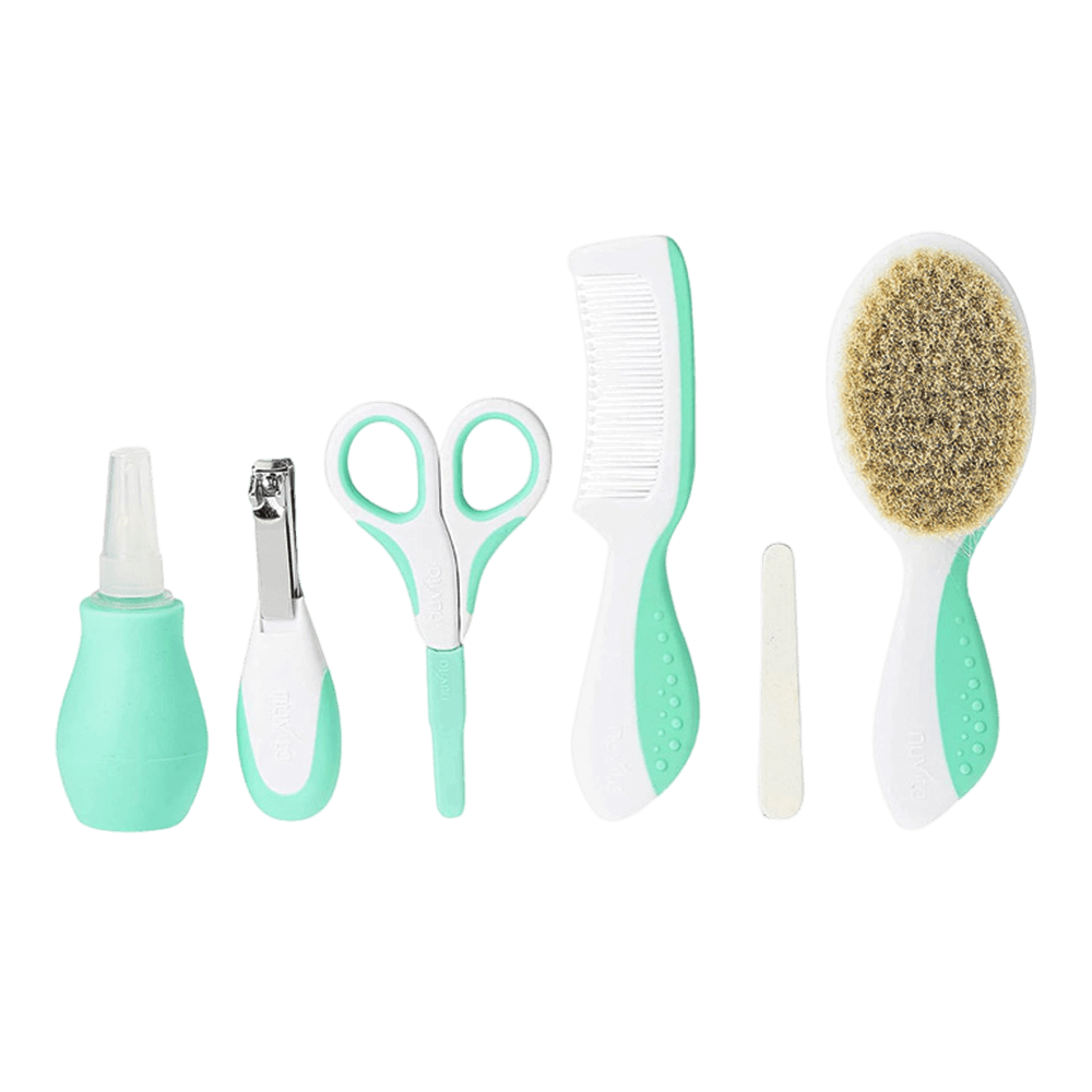 NUVITA Essential Baby Care Kit - Nasal Aspirator, Small scissors with rounded tips, nail clippers, nail files, brush (with pure wool bristles) and comb - Blue