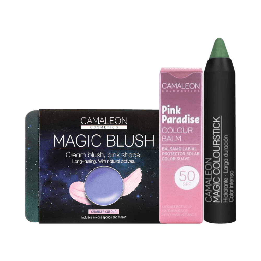 MAGIC BLUSH BLUE -MAGIC LIPSTICK GREEN -LIP BALM PINK PRADISE SPF50