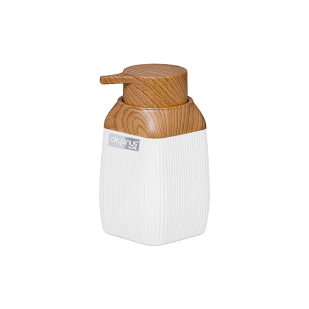 Okyanus Stripe Soap Dispenser White/Wooden #OKY-503-3-WHT