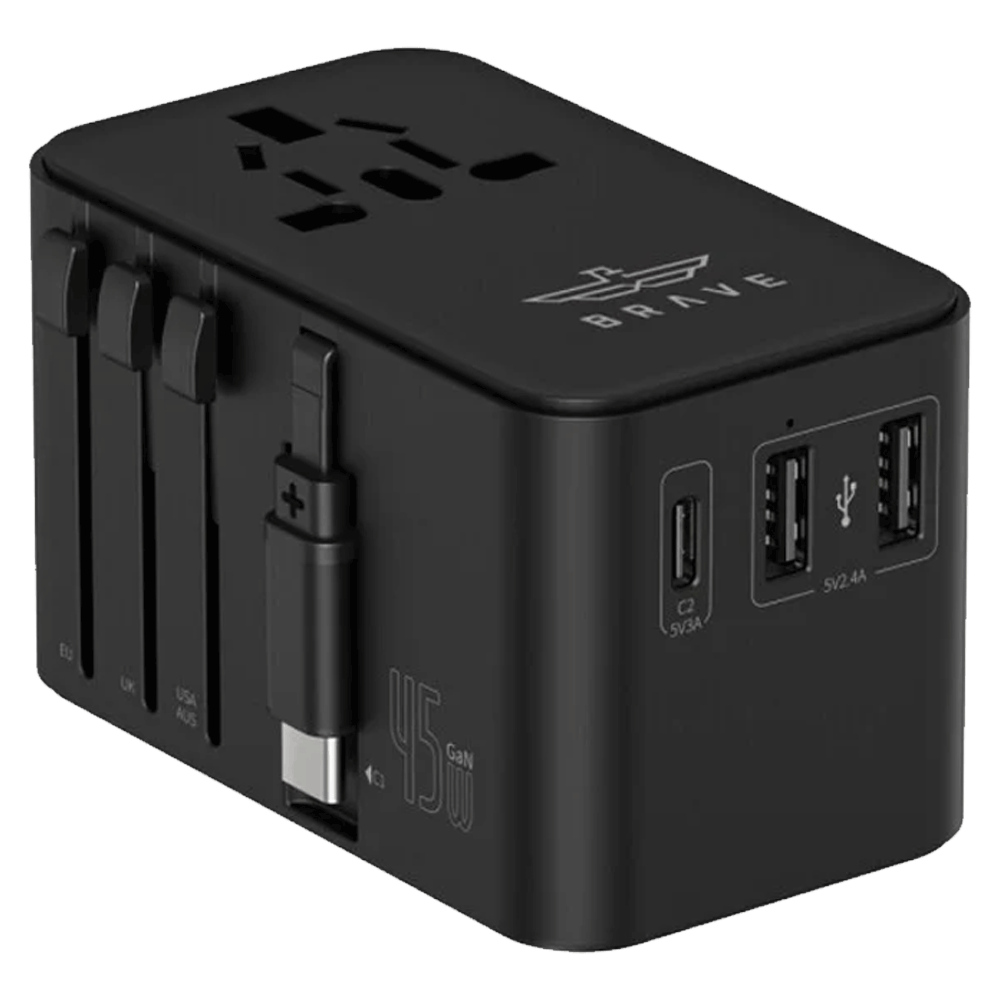 Brave Universal Travel Adapter, GaN3 Fast Charger 45W with Type-C Retractable Cable & 2 USB-A + 1 Type-C Port, 2500W Max, BTC-34 - Black
