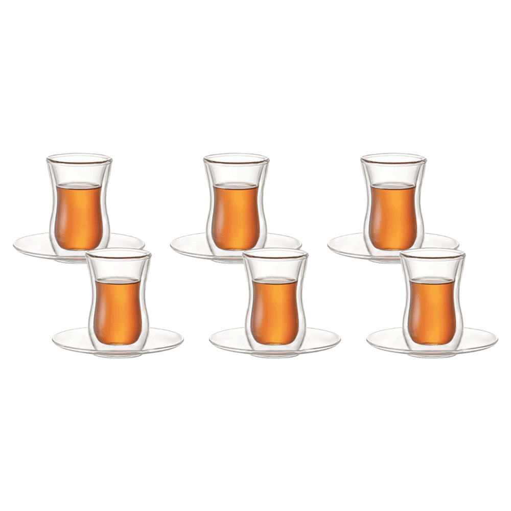 [KW085234] ARAMORO 12 PCS SET 100ML BOROSILICATE DOUBLE WALL GLASS 6 PCS TEA CUP + SAUCER