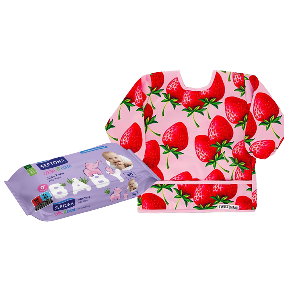 Septona Aloe Vera Baby Wipes 60 Wipes+Twistshake Long Sleeve Bib Strawberry 4+1Free
