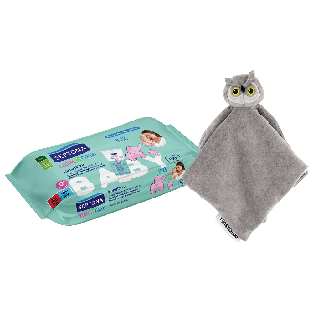 [KW076597] Septona Sensitive Baby Wipes For Newborns 60 Wipes+Twistshake Comfort Mini Blanket Owl 4+1Free