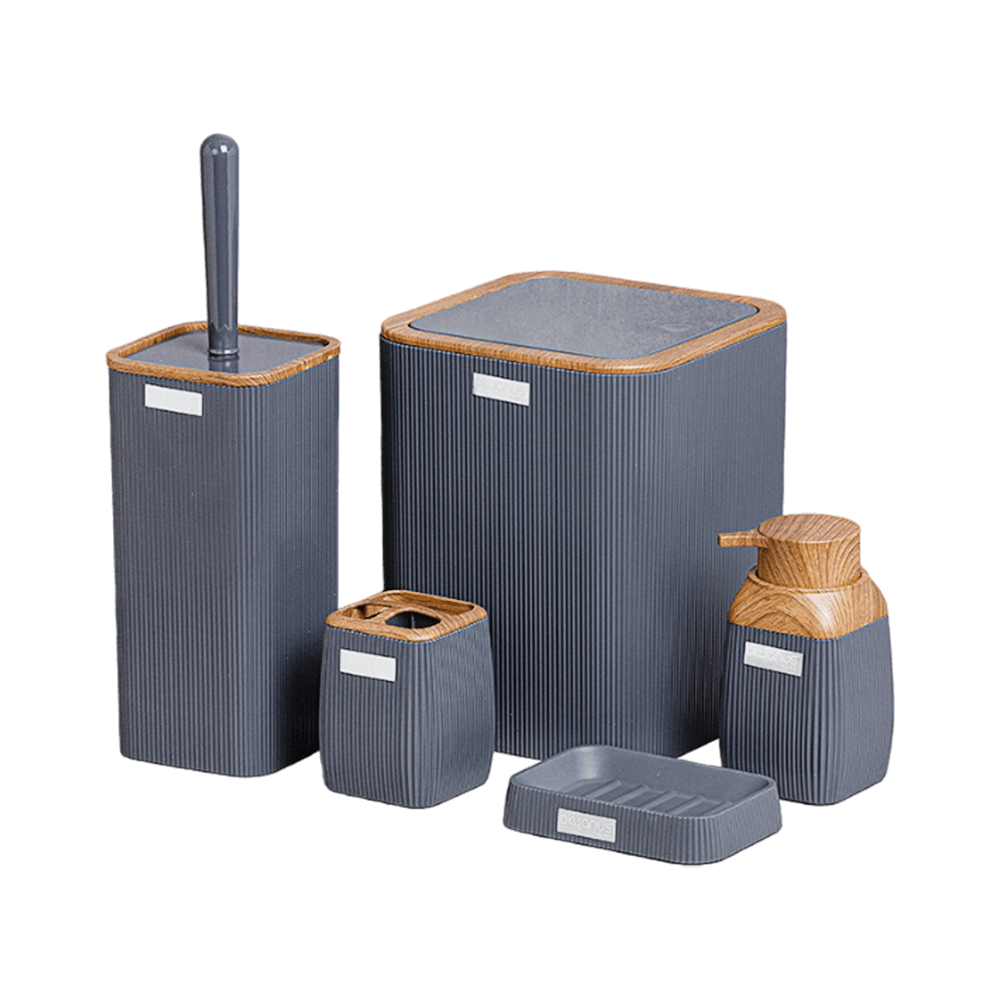 Okyanus Stripe Square Bathroom Set 5 pcs Grey/Wooden #OKY-501-3-A-GRY