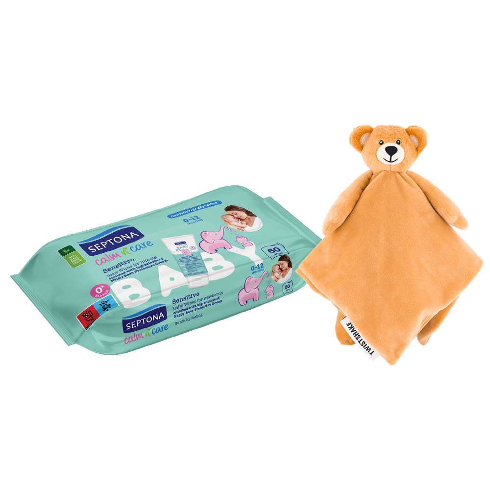 Septona Sensitive Baby Wipes For Newborns 60 Wipes+Twistshake Comfort Mini BlanketTeddy Bear 4+1Free