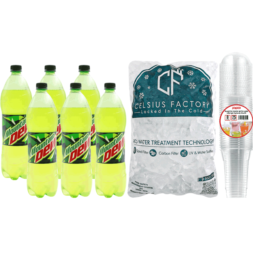 Mountain Dew + Ice Cubes + Plastic Cups with Lids