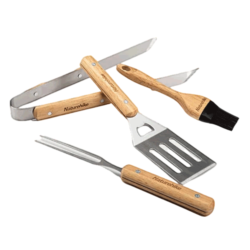 Naturehike Four-Piece Barbecue Tool Set - Wood + Stainless Steel